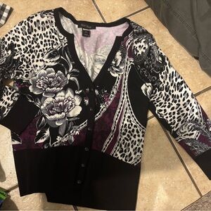 White House Black Market Black and Purple Patterned Cardigan